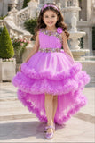 Lilac Pink Floral High-Low Tulle Short Frock | Party Wear For Girls
