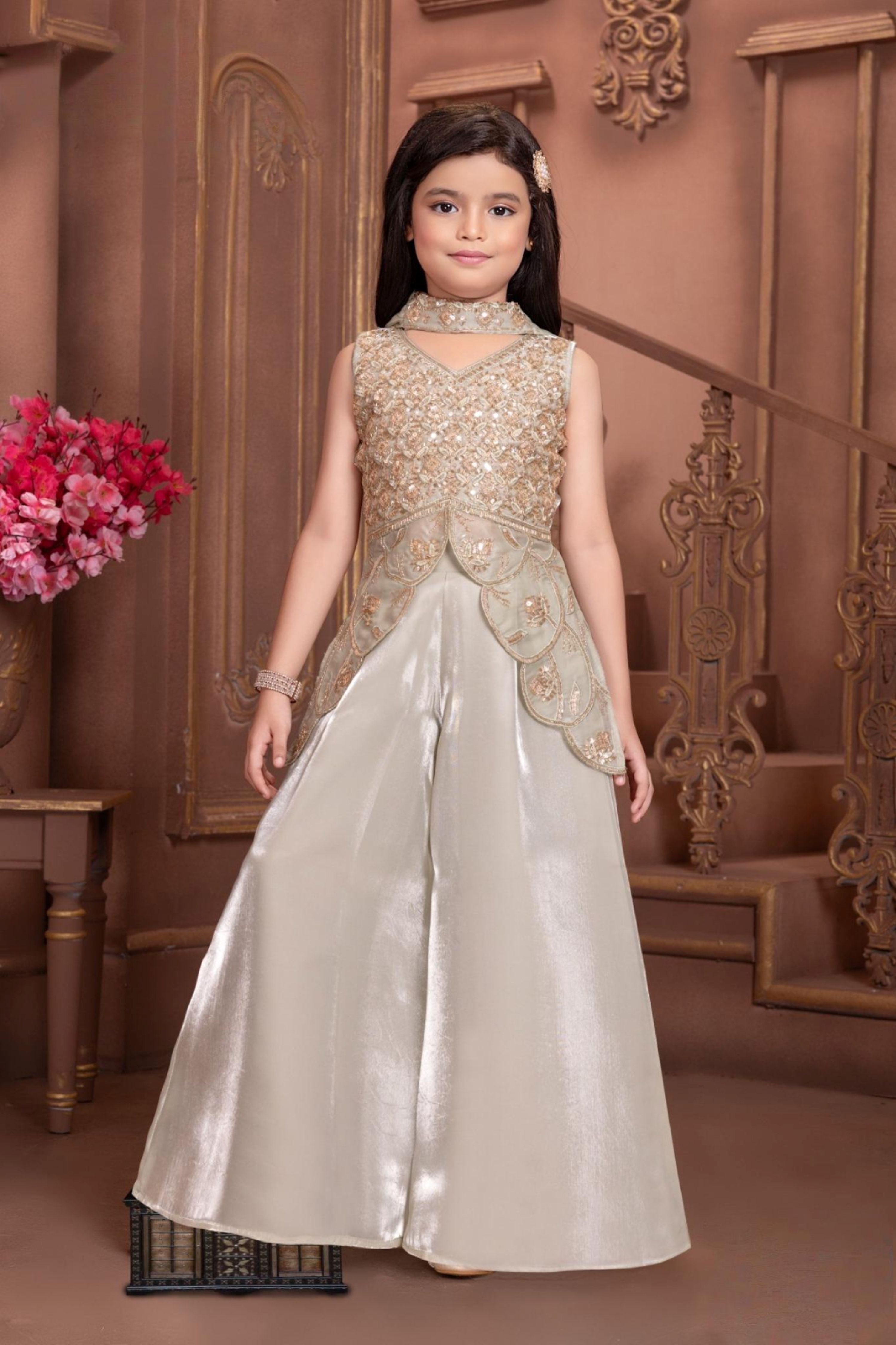 Ivory Gold Embroidered Outfit Sharara Set for Girls | Ethnic Wear For Girls