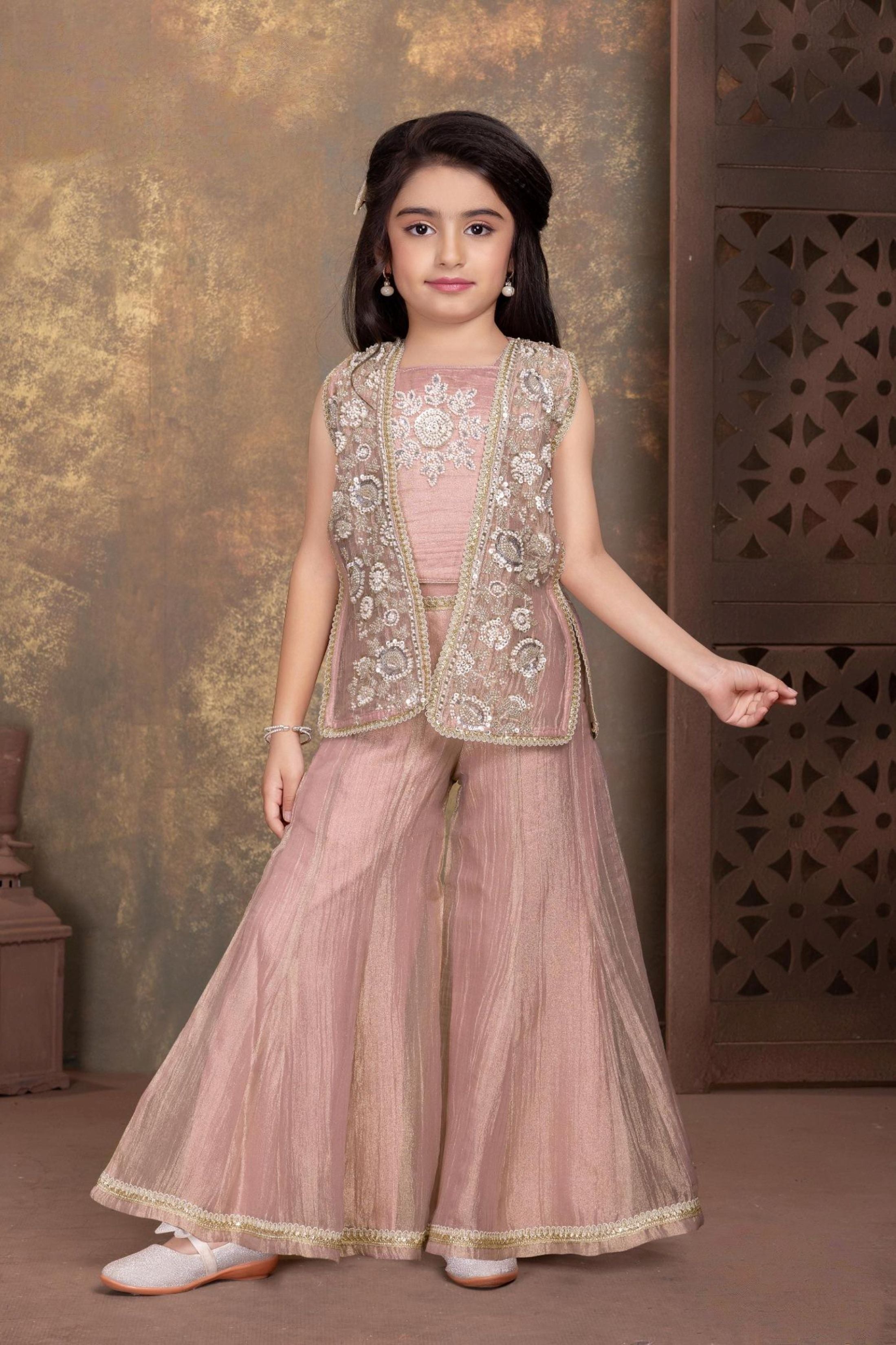 Rose Pink Embroidered Jacket Sharara Set | Ethnic Wear for Girls