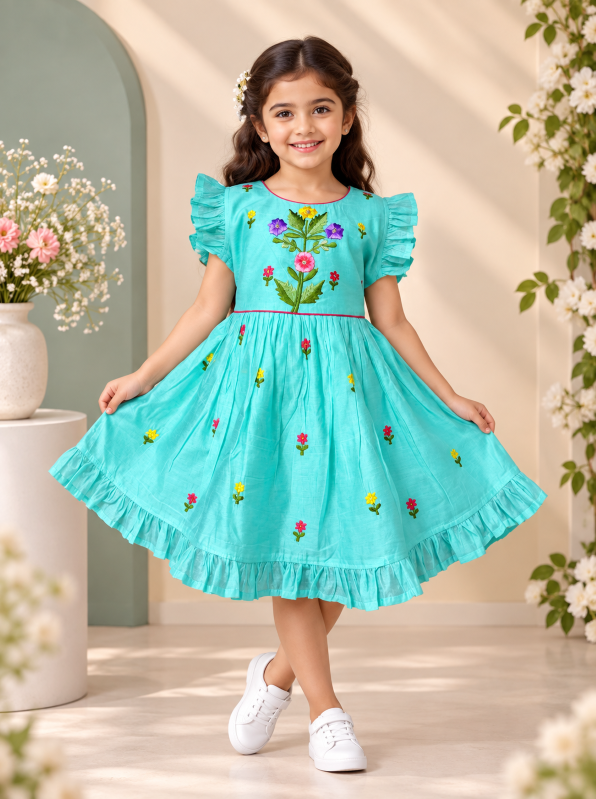 Aqua Blue Floral Embroidered Fit & Flare Dress with Ruffle Sleeves | Casual Wear for Girls
