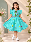 Aqua Blue Floral Embroidered Fit & Flare Dress with Ruffle Sleeves | Casual Wear for Girls