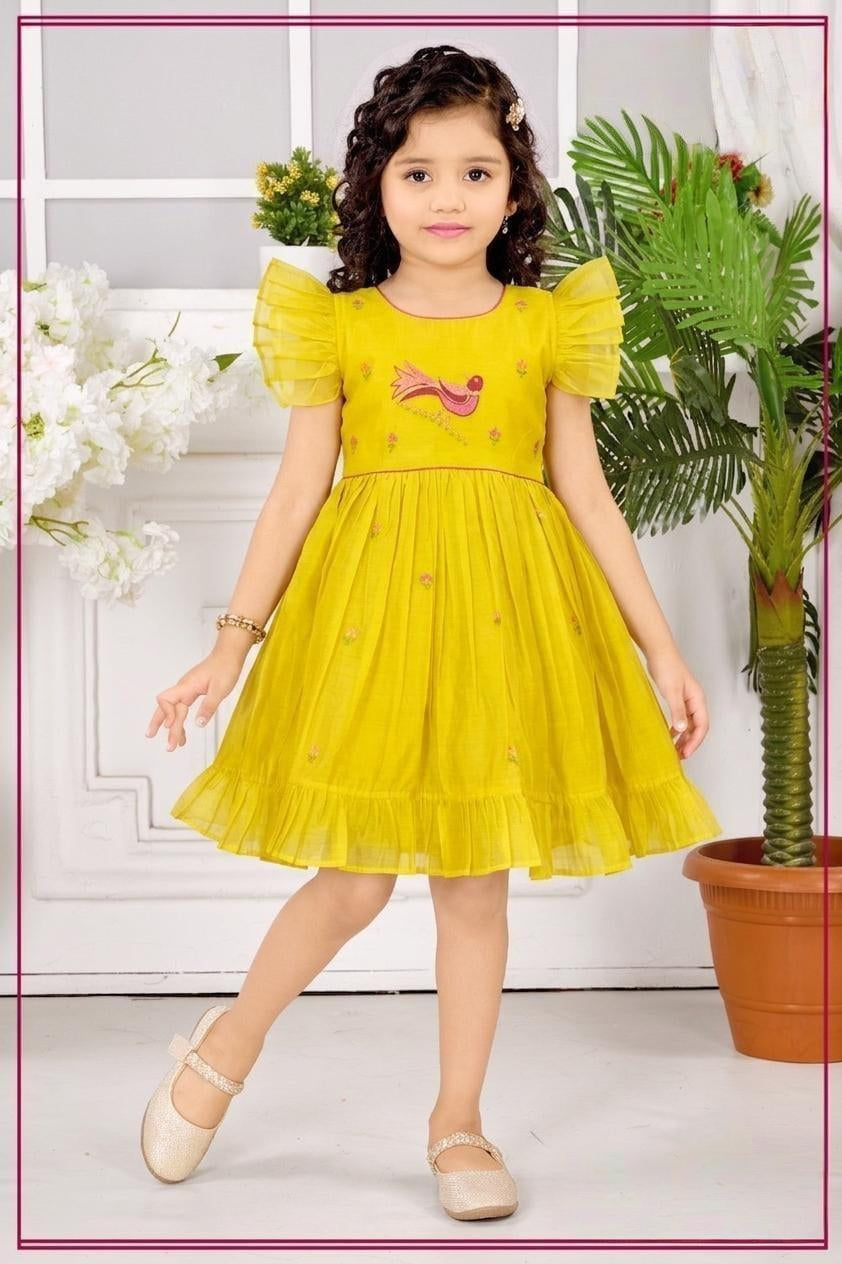 Lemon Yellow Embroidered Fit & Flare Dress with Ruffle Sleeves | Casual Wear for Girls