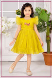 Lemon Yellow Embroidered Fit & Flare Dress with Ruffle Sleeves | Casual Wear for Girls