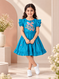 Teal Blue Bird Embroidered Fit & Flare Dress with Ruffle Sleeves | Casual Wear for Girls