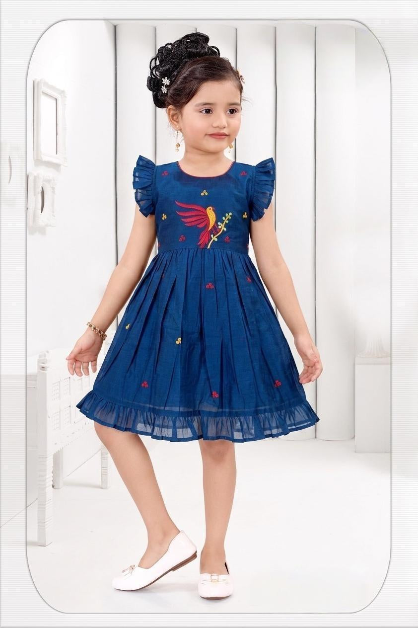 Navy Blue Bird Embroidered Fit & Flare Dress with Ruffle Sleeves | Casual Wear for Girls
