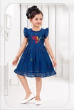 Navy Blue Bird Embroidered Fit & Flare Dress with Ruffle Sleeves | Casual Wear for Girls
