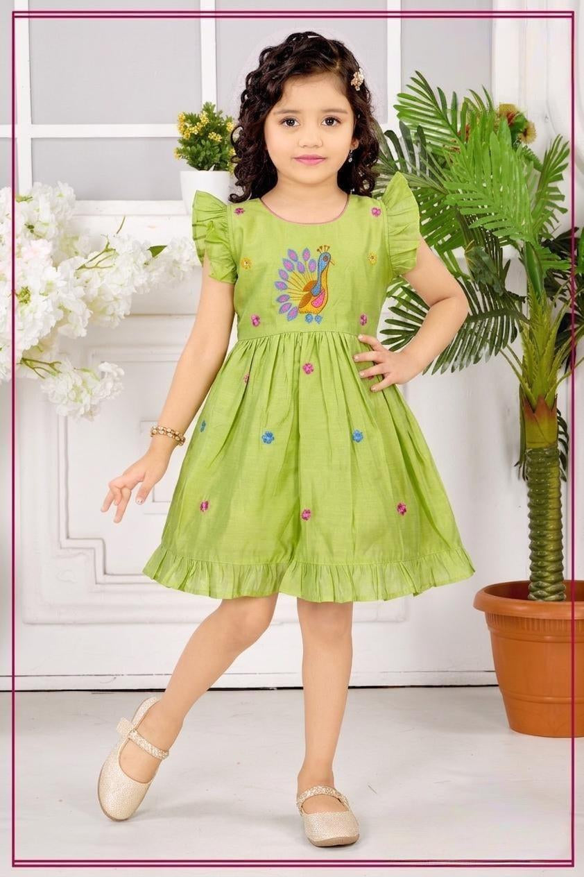 Pista Green Embroidered Peacock Print Fit & Flare Dress with Ruffle Sleeves | Casual Wear For Girls