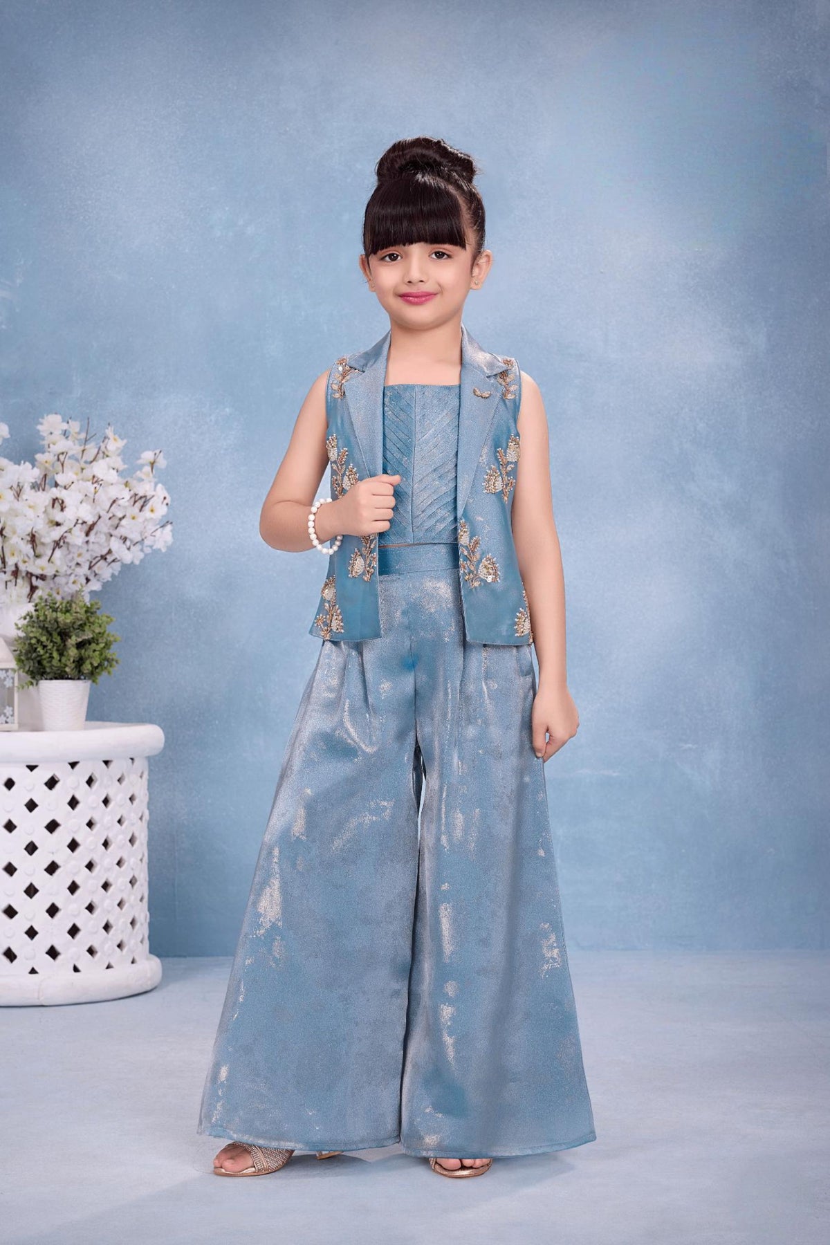 Ice Blue Embroidered Waistcoat & Wide-Leg Palazzo Set with Top | Ethnic Wear For Girls