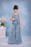 Ice Blue Embroidered Waistcoat & Wide-Leg Palazzo Set with Top | Ethnic Wear For Girls