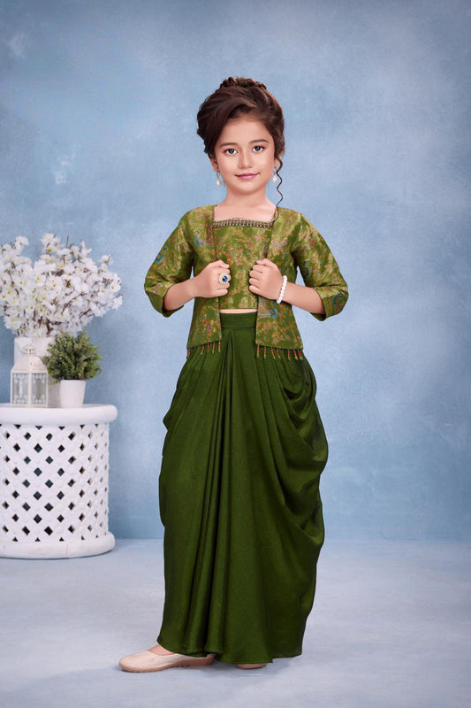 Olive Green Embroidered Jacket & Draped Palazzo Set with Crop Top | Ethnic Wear For Girls