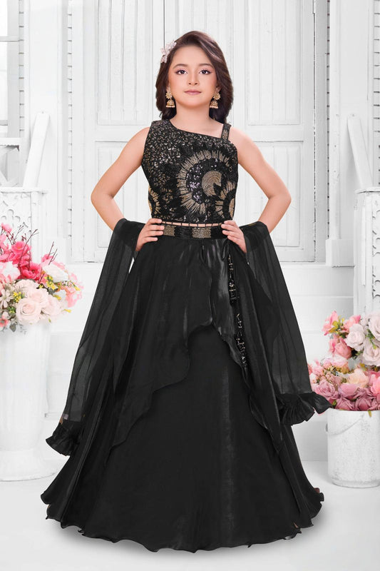 Black Sequin Embroidered Crop Top & Flared Lehenga Set  | Ethnic Wear For Girls