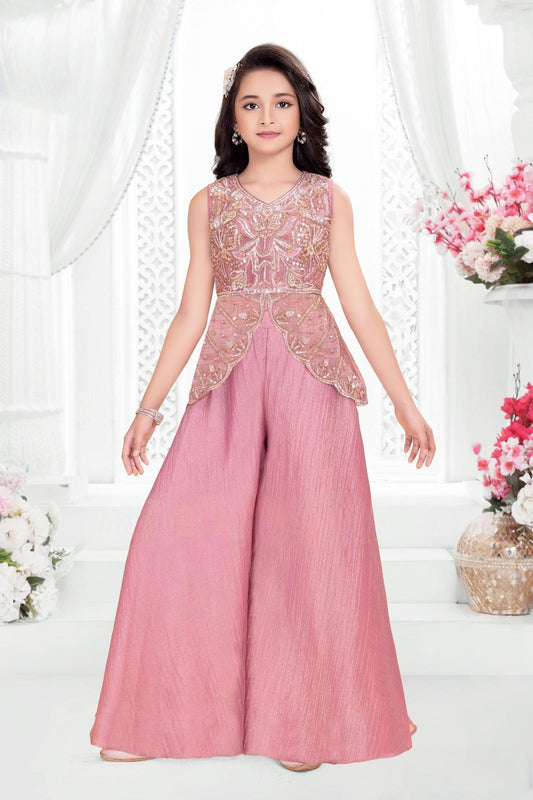 Blush Pink Embroidered Peplum Top & Wide-Leg Palazzo Set | Ethnic Wear For Girls