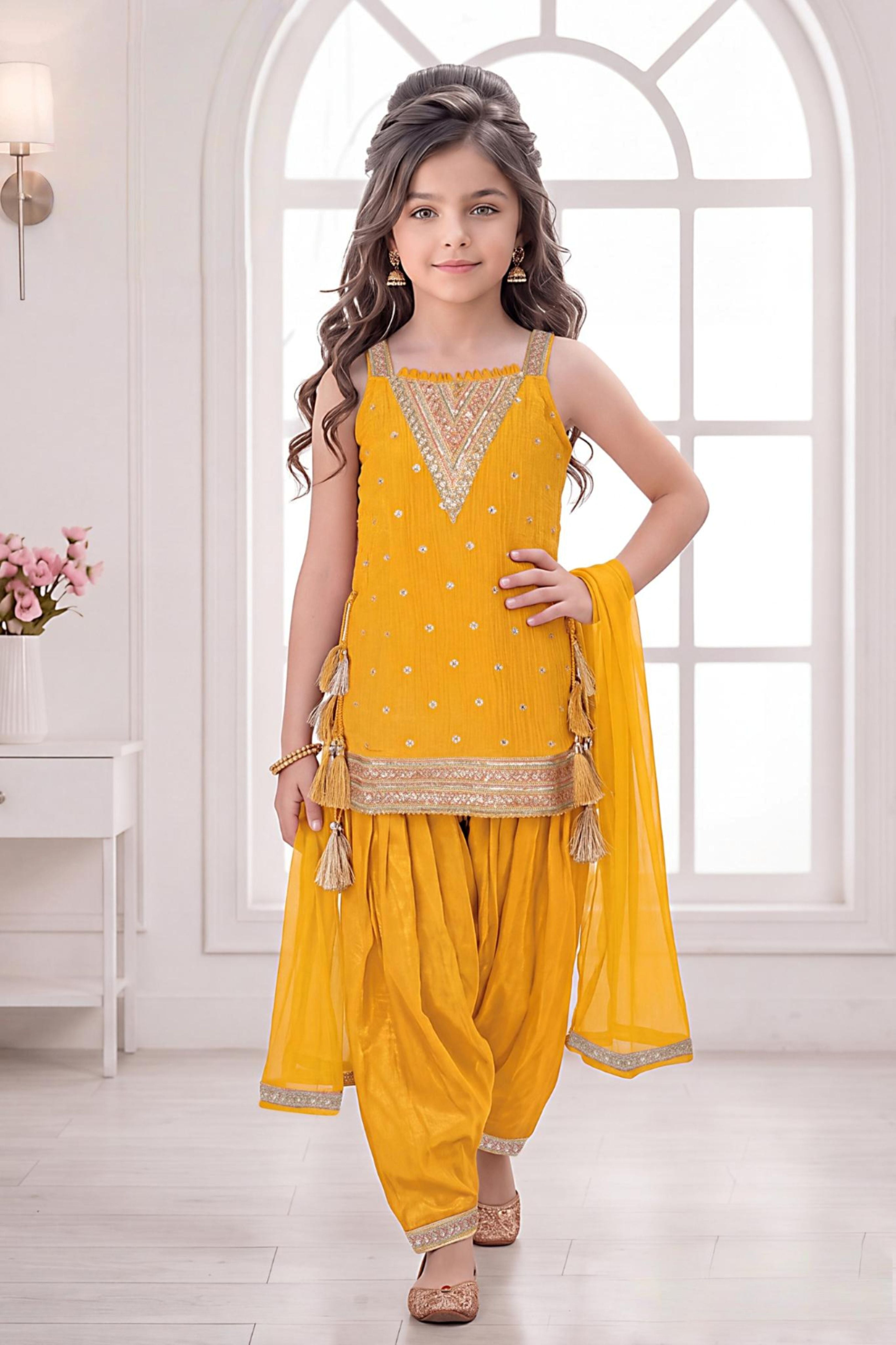 Mustard Yellow Embroidered Kurta & Dhoti Salwar Set with Dupatta | Ethnic Wear For Girls