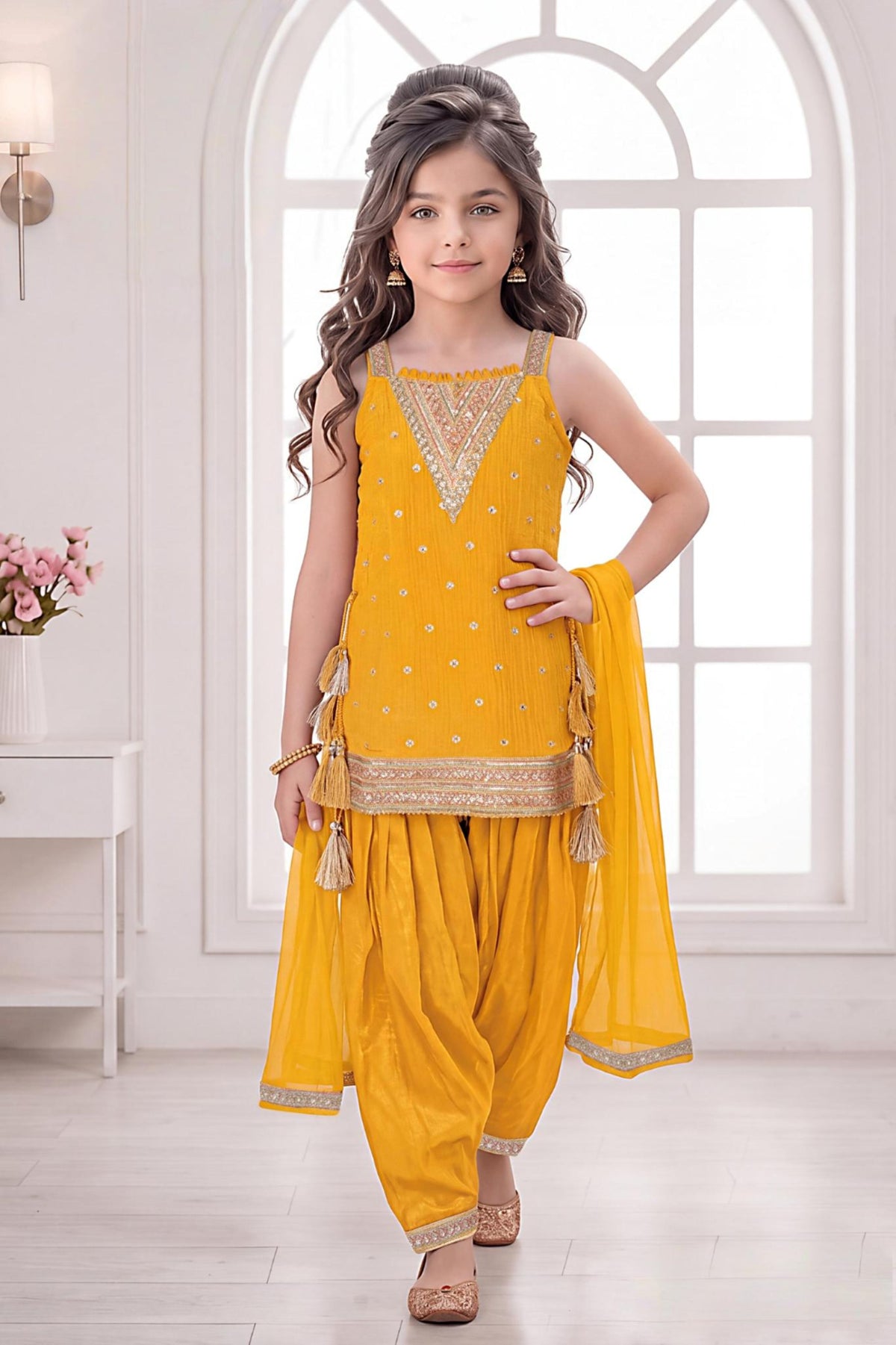 Mustard Yellow Embroidered Kurta & Dhoti Salwar Set with Dupatta | Ethnic Wear For Girls