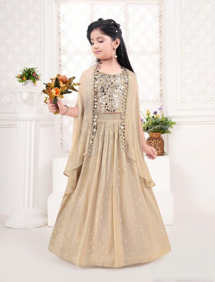 Champagne Gold Embellished Layered Anarkali Gown with Sheer Dupatta | Ethnic Wear For Girls