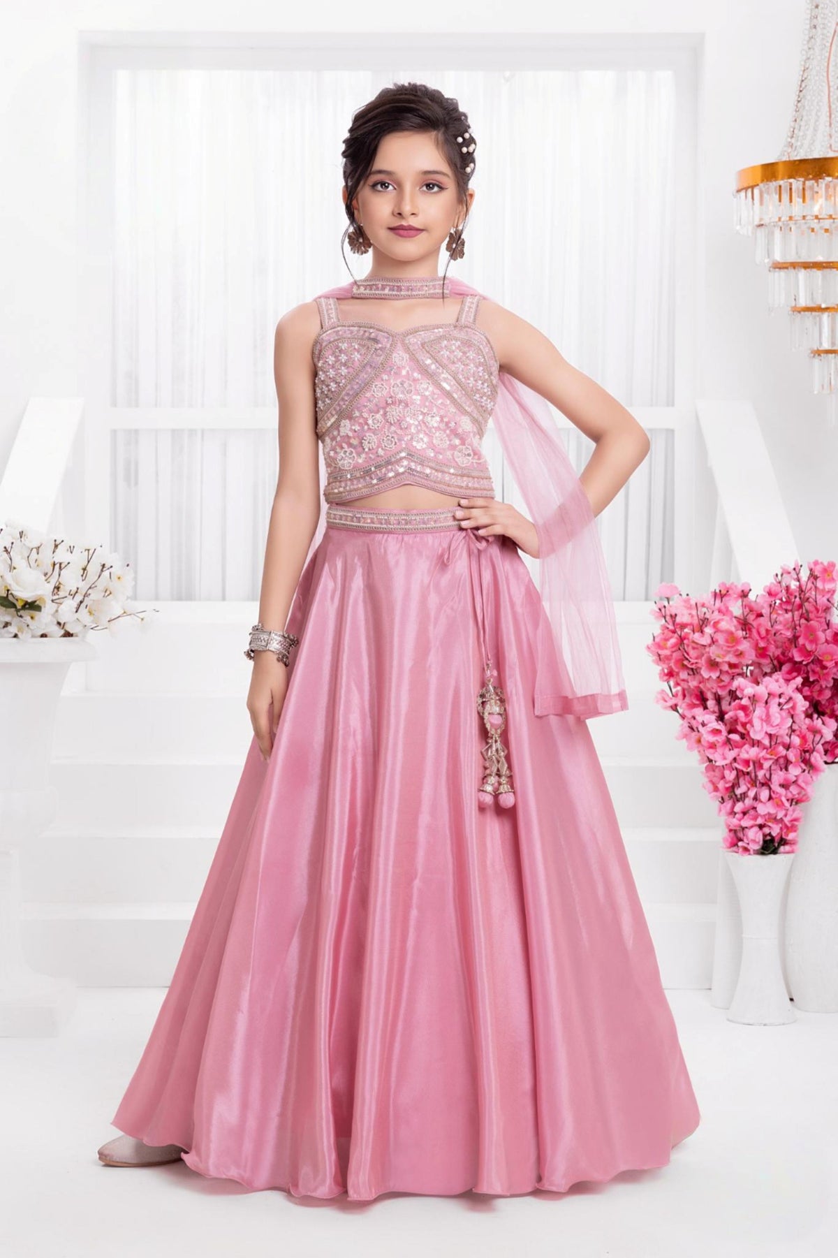 Blush Pink Embroidered Crop Top & Flared Lehenga Set with Dupatta | Ethnic Wear For Girls