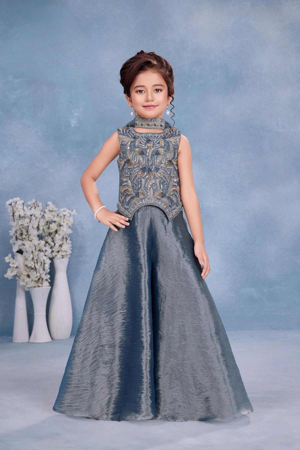 Steel Blue Embroidered Peplum Top & Flared Palazzo Set with Dupatta | Ethnic Wear For Girls