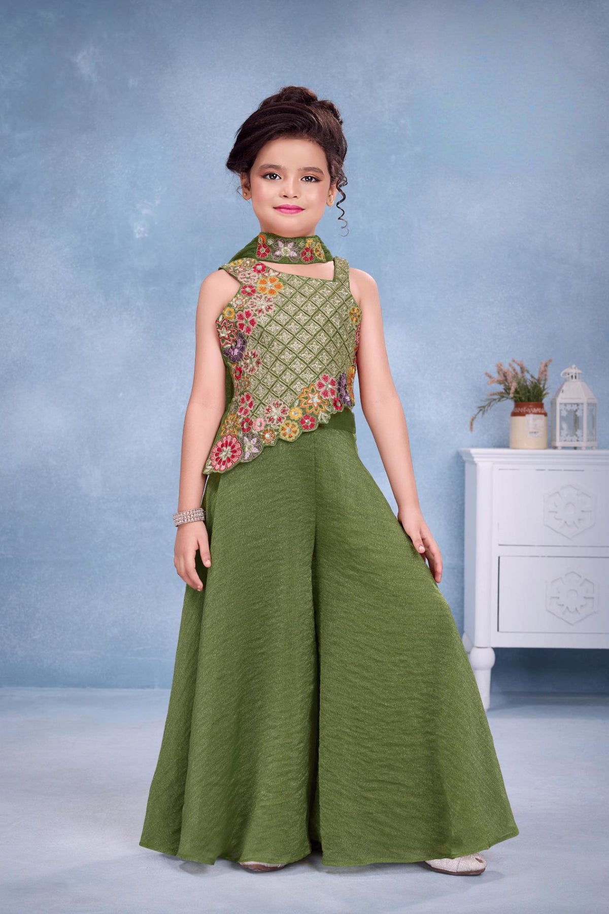 Olive Green Embroidered Asymmetric Top & Wide-Leg Palazzo Set with Dupatta | Ethnic Wear For Girls