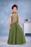 Olive Green Embroidered Asymmetric Top & Wide-Leg Palazzo Set with Dupatta | Ethnic Wear For Girls