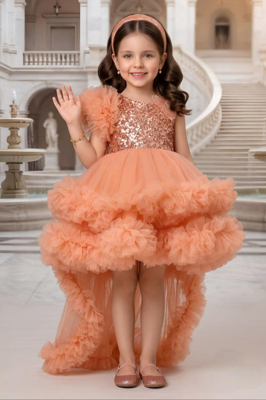Peach Sequin High-Low Ruffle Short Frock for Girls | Party Wear For Kids