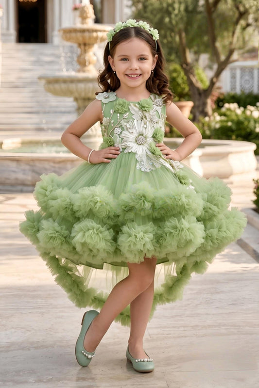 Mint Green Floral High-Low Ruffle Short Frock | Party Wear For Kids