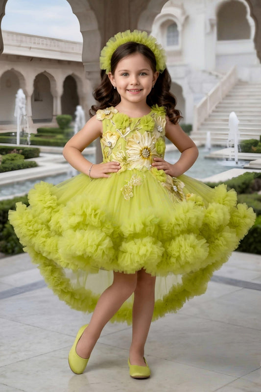 Lime Green Floral High-Low Ruffle Short Frock | Party Wear For Kids