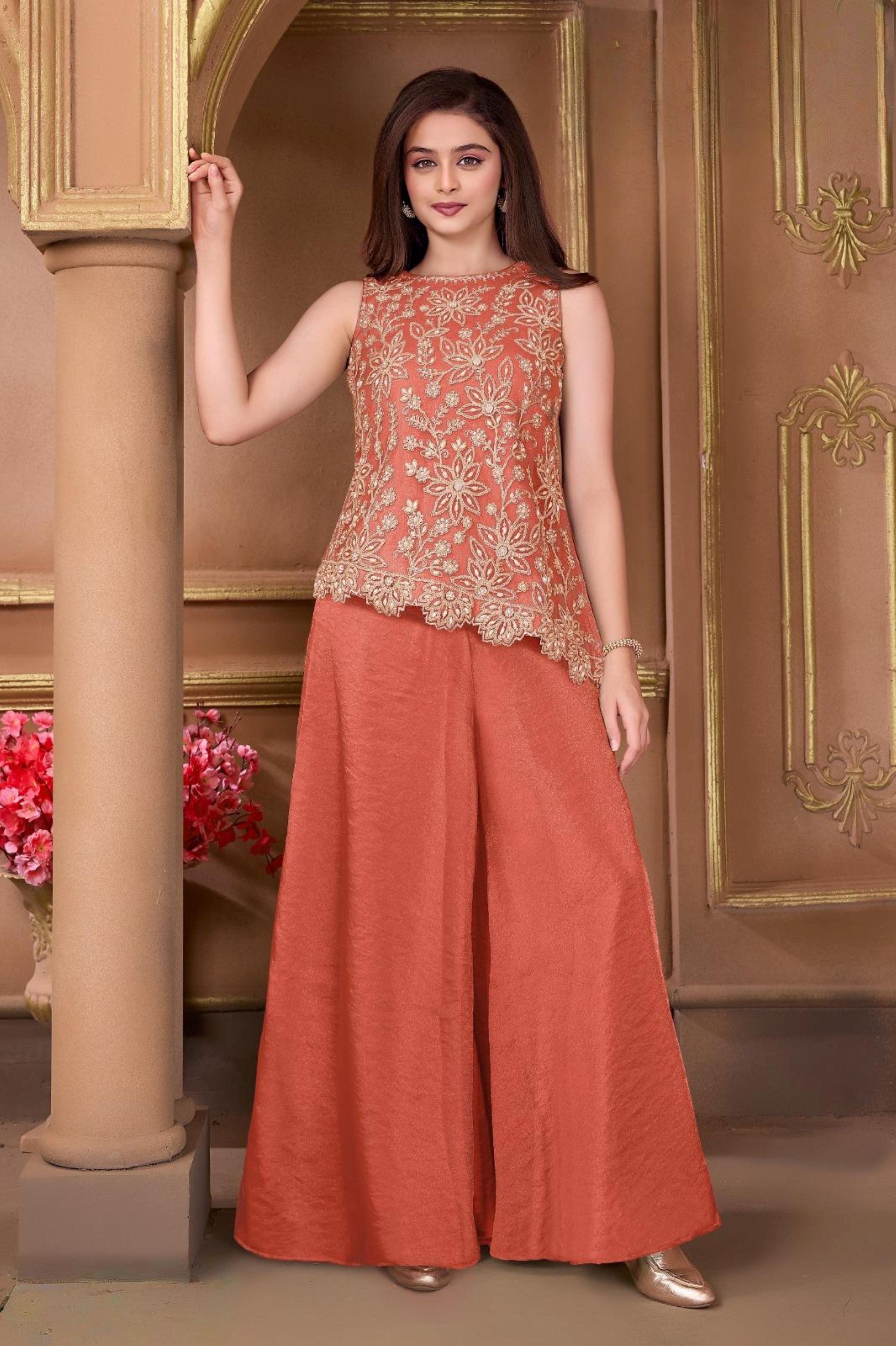 Coral Orange Embroidered Sleeveless Peplum Top & Wide-Leg Palazzo Set | Ethnic Wear For Girls