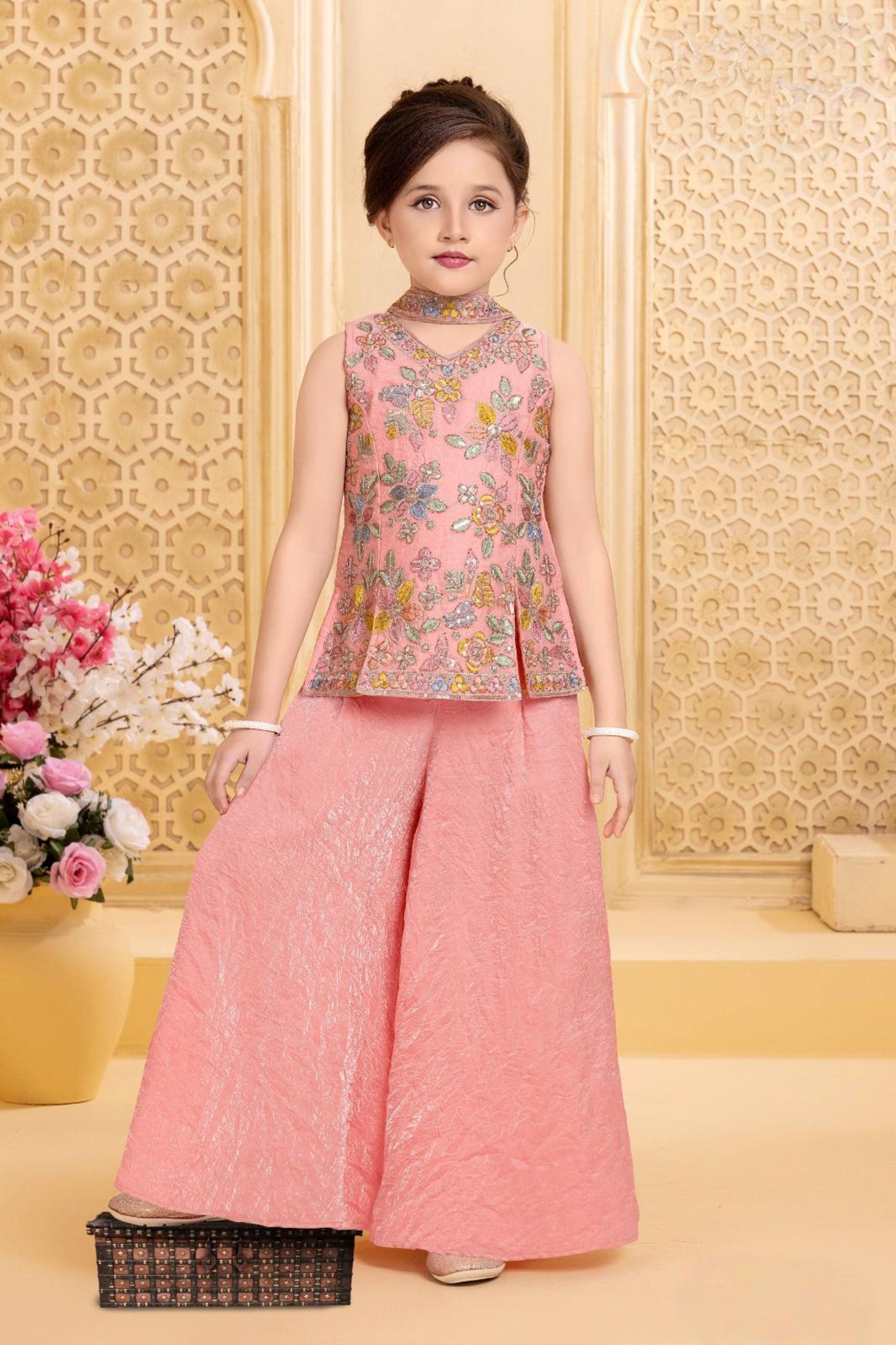 Peach Floral Embroidered Peplum Top & Wide-Leg Palazzo Set with Dupatta | Ethnic Wear For Girls