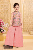 Peach Floral Embroidered Peplum Top & Wide-Leg Palazzo Set with Dupatta | Ethnic Wear For Girls