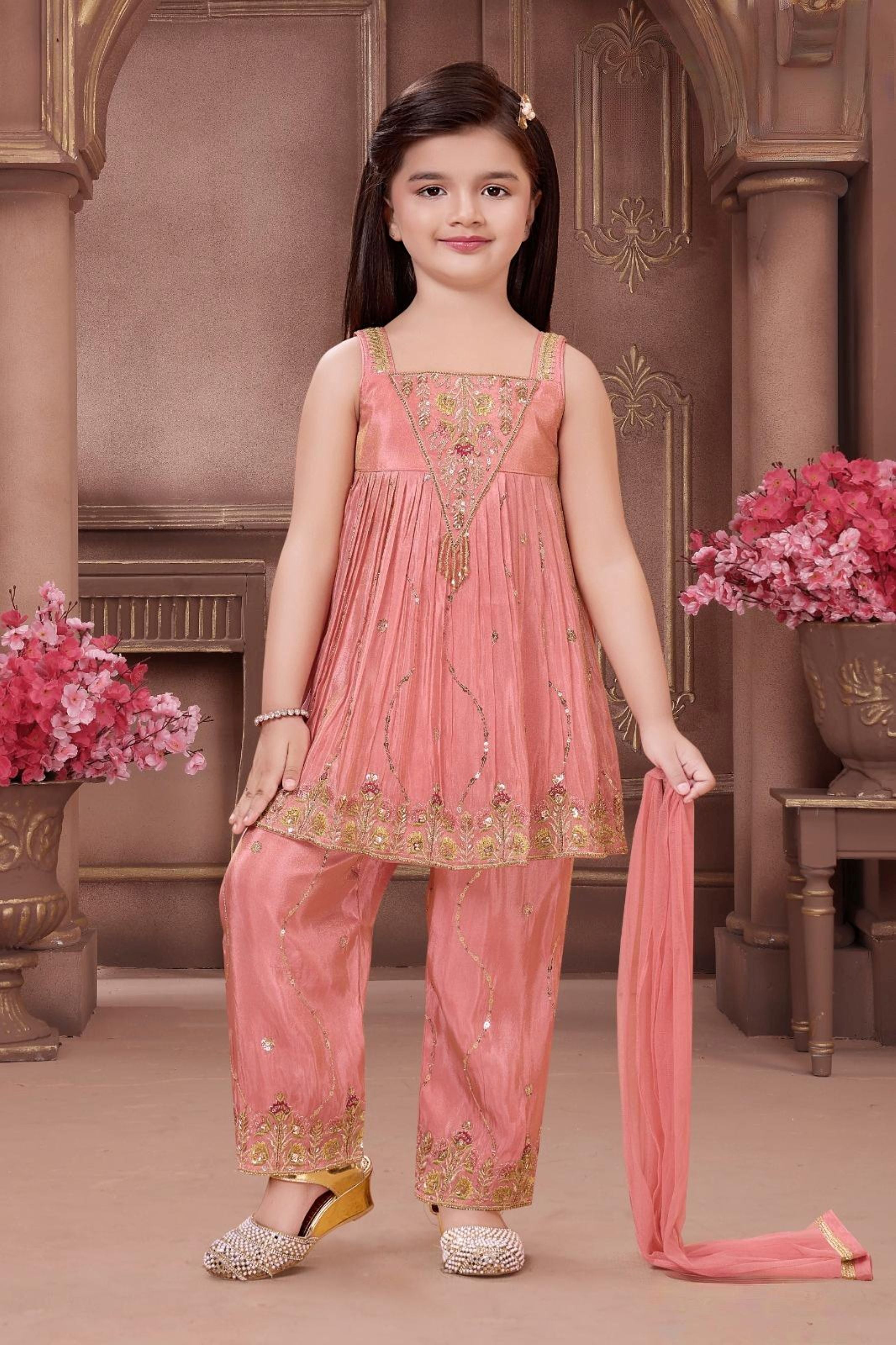 Peach  Embroidered Anarkali Kurta & Pant Set with Dupatta | Festive & Party Wear