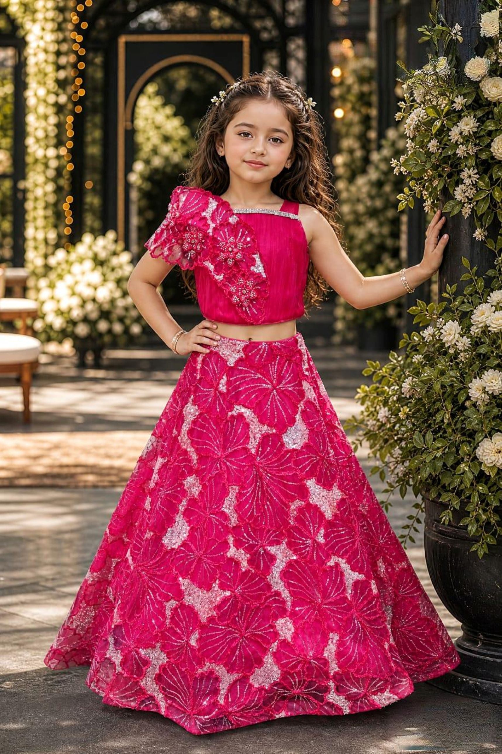 Hot Pink Floral Embroidered One-Shoulder Crop Top & Flared Lehenga Set | Ethnic Wear For Girls