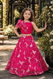 Hot Pink Floral Embroidered One-Shoulder Crop Top & Flared Lehenga Set | Ethnic Wear For Girls