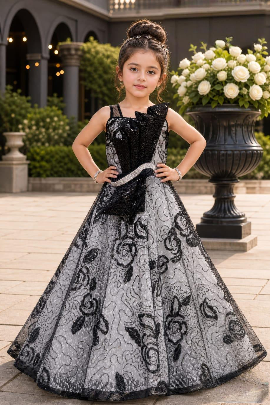 Black & Silver Embroidered Floral Net Gown with Statement Bow | Party Wear For Girls
