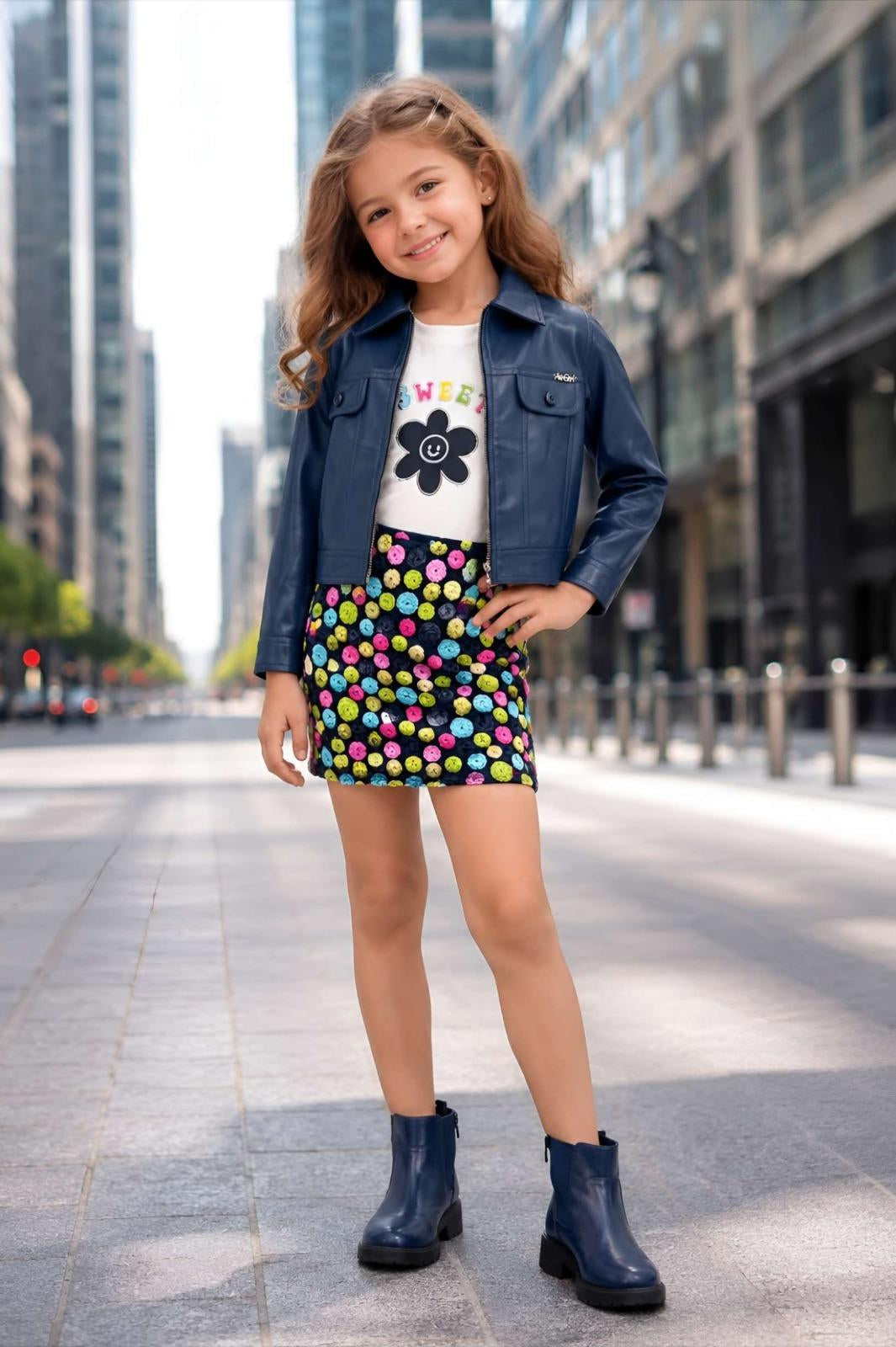 Navy Blue Faux Leather Jacket with Graphic T-Shirt & Multicolor Floral Shorts Set | Western Wear For Girls