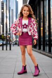 Magenta Floral Bomber Jacket with Graphic T-Shirt & Skirt Set | Western Wear For Girls