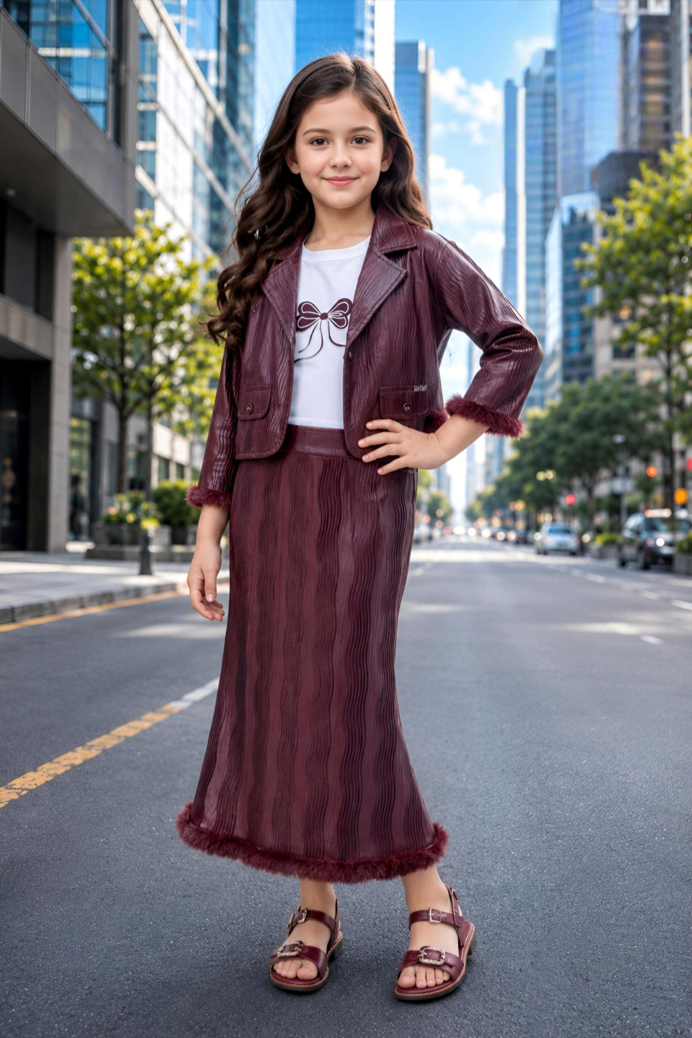 Brown Textured Jacket with Graphic T-Shirt & Long Skirt Set | Western Wear For Girls