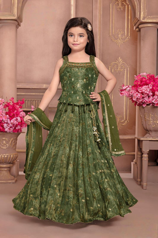 Green Brocade Lehenga Choli with Dupatta | Ethnic Wear for Girls