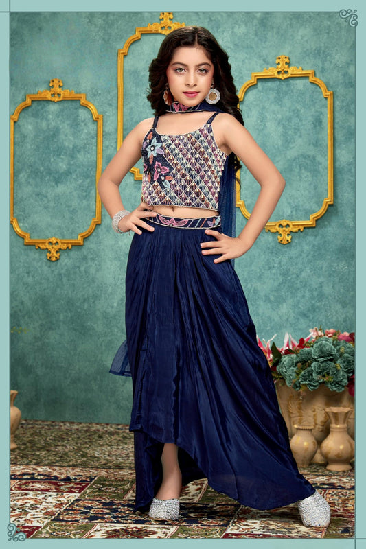 Navy Blue Embroidered Crop Top & High-Low Skirt Set with Dupatta | Ethnic Wear for Girls