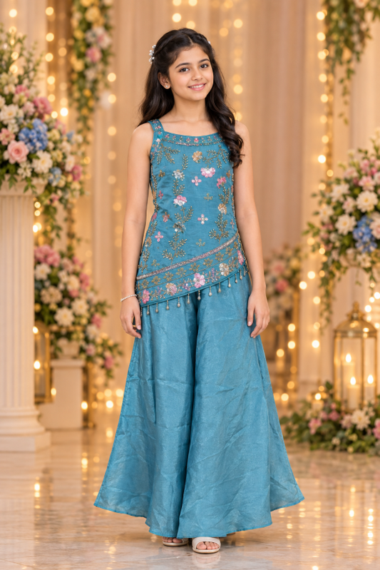 Teal Blue Floral Embroidered Asymmetric Kurta & Palazzo Set with Tassel Detailing | Ethnic Wear for Girls