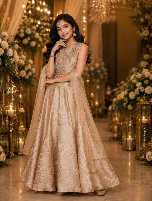 Champagne Gold Embroidered Anarkali Lehenga Set with Dupatta | Ethnic Wear for Girls