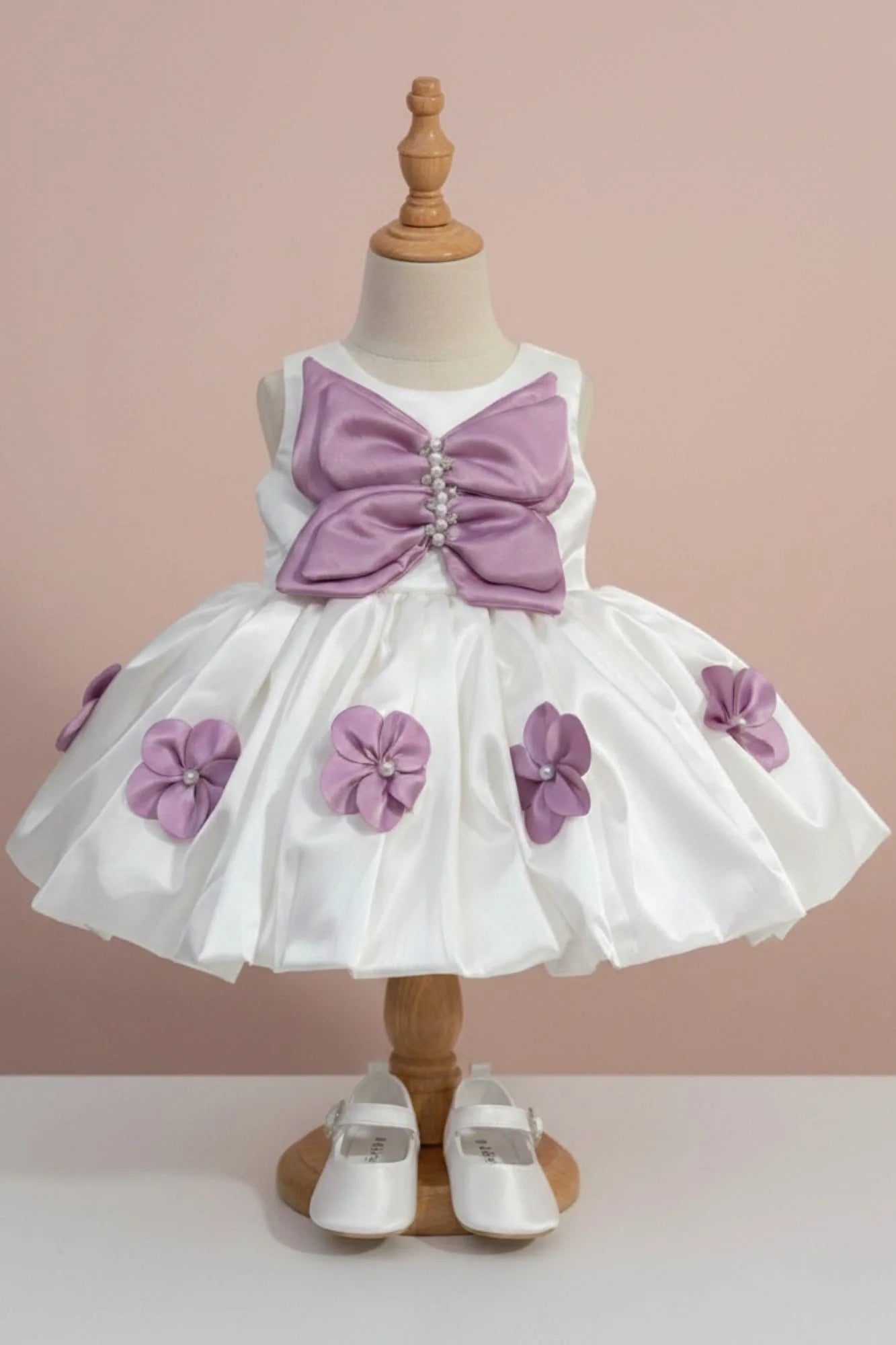 Pearl White Purple  Bow Blossom Short Frock