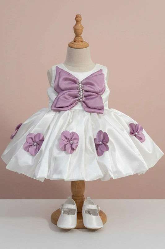 Pearl White Purple  Bow Blossom Short Frock