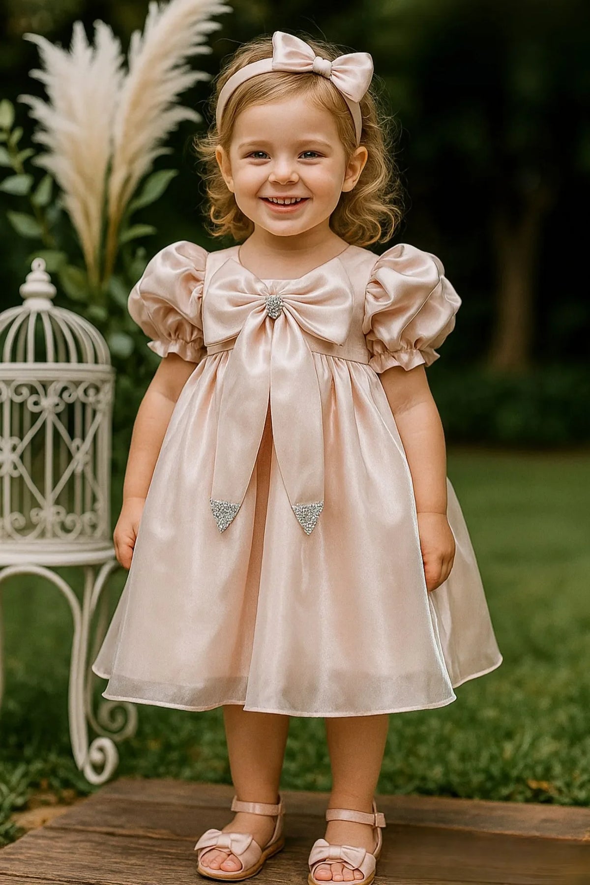 Blush Peach Satin Bow Princess Short Frock