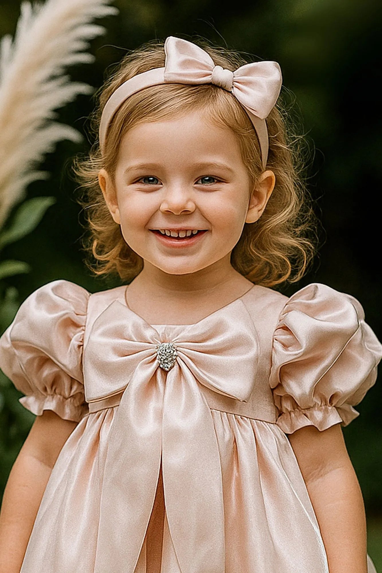 Blush Peach Satin Bow Princess Short Frock