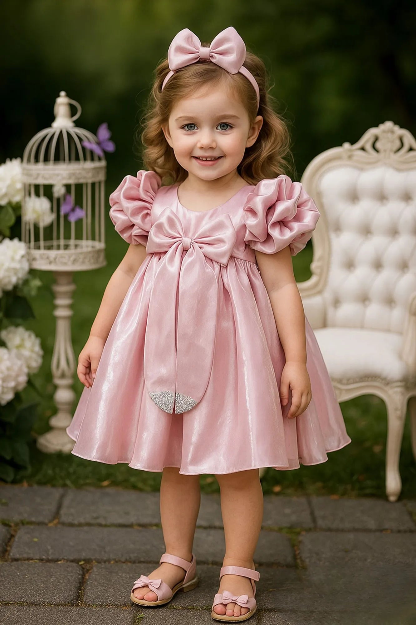 Pink Blush Princess Puffy Sleeve Bow Short Frock