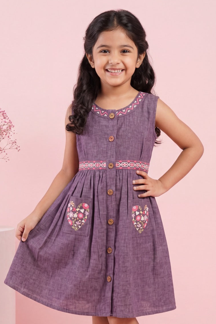 Lavender Floral Embroidered Button-Down A-Line Dress with Contrast Detailing | Western Wear For Girls