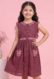 Maroon Floral Embroidered Button-Down Dress with Contrast Detailing | Western Wear For Girls