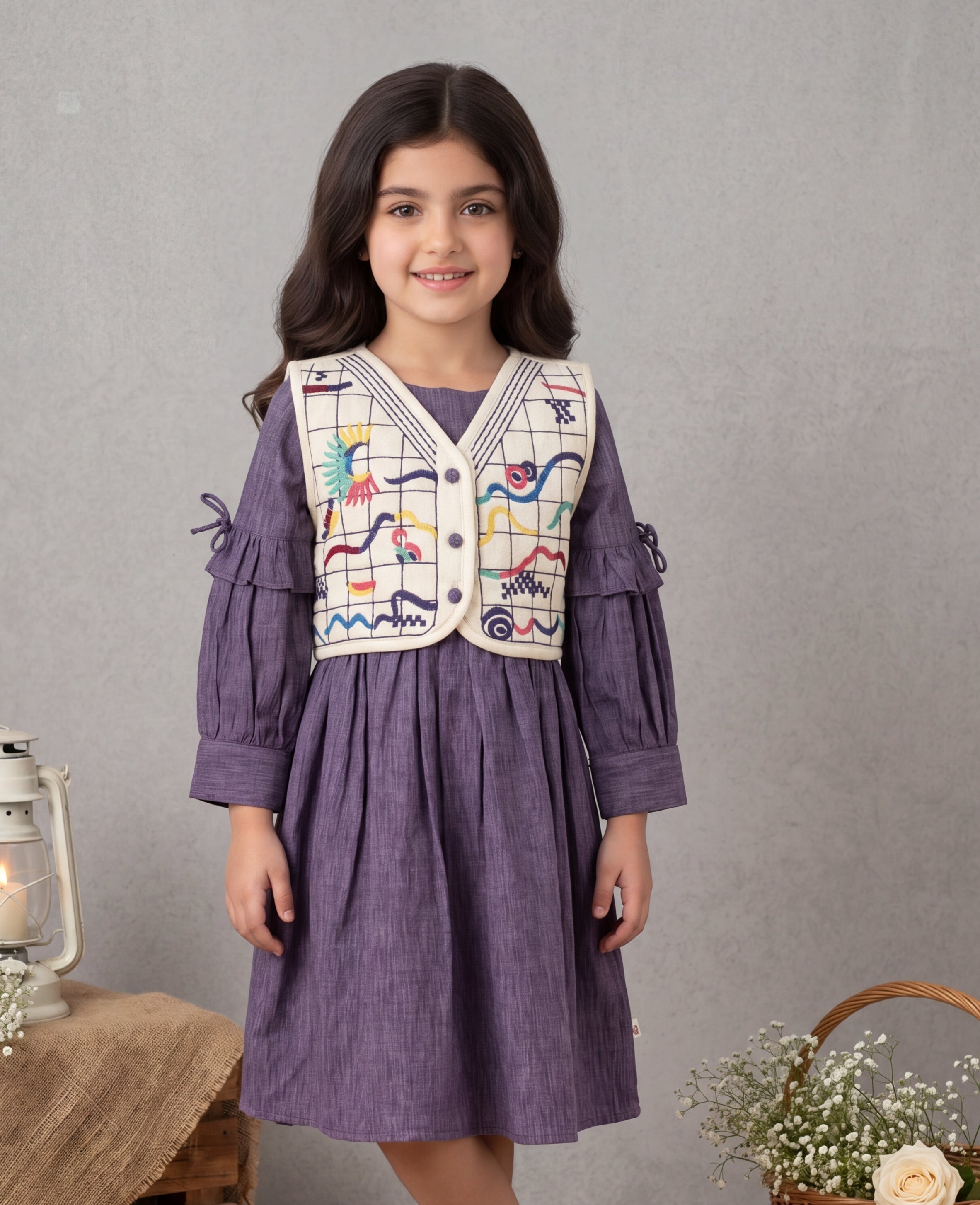 Lavender Pleated Dress with Embroidered Printed Vest & Ruffle Sleeves | Western Wear For Girls