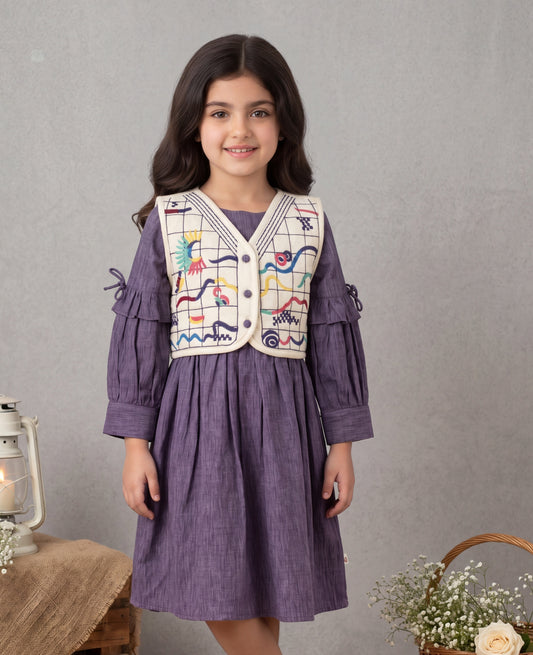 Lavender Pleated Dress with Embroidered Printed Vest & Ruffle Sleeves | Western Wear For Girls