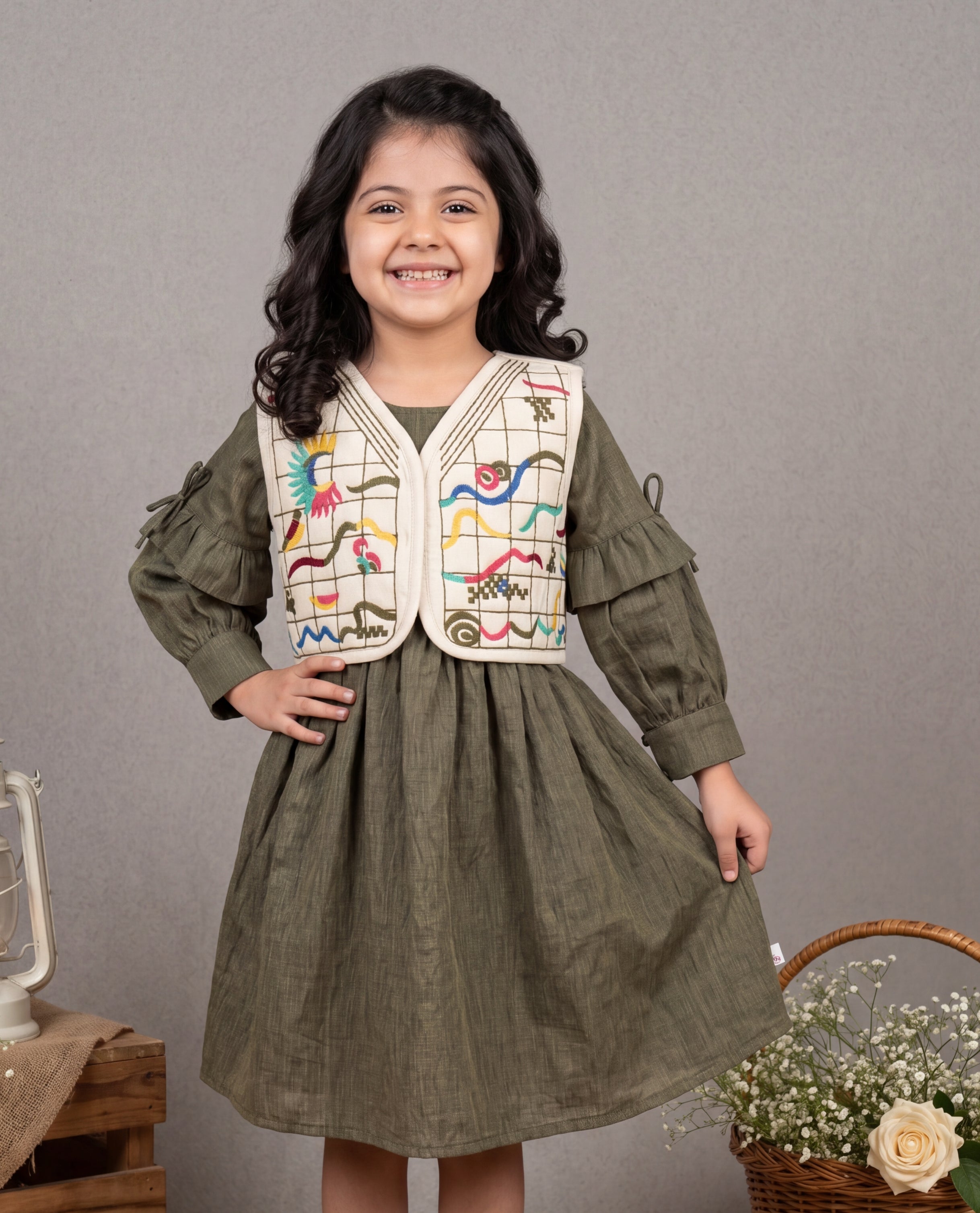 Olive Green Pleated Dress with Embroidered Abstract Vest & Ruffle Sleeves | Western Wear For Girls